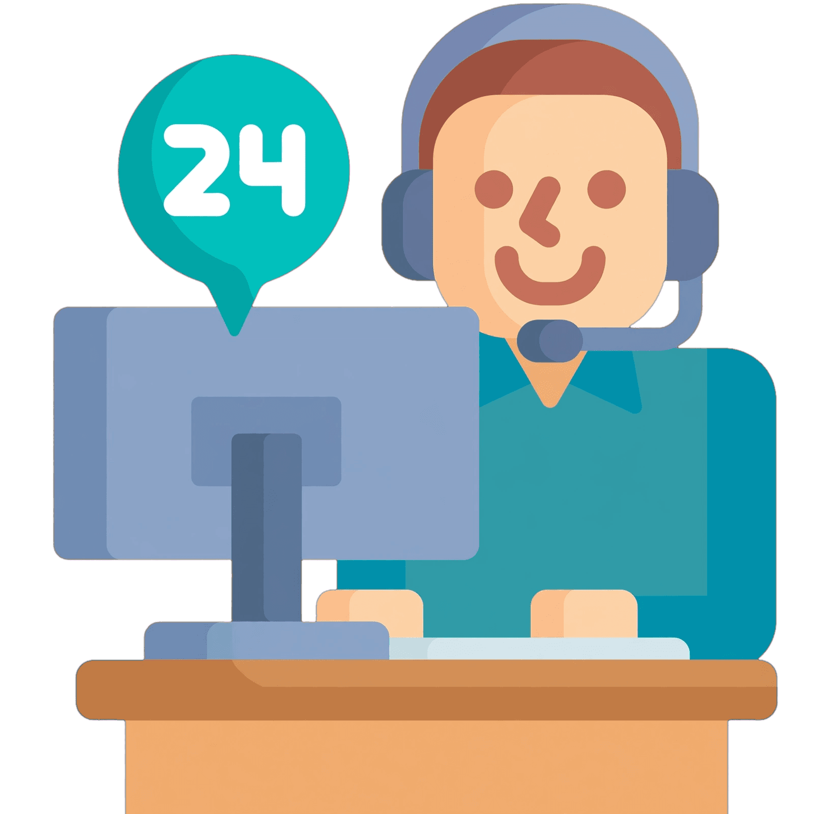 Illustration: Support-Mitarbeiter mit Headset an einem Arbeitsplatz
