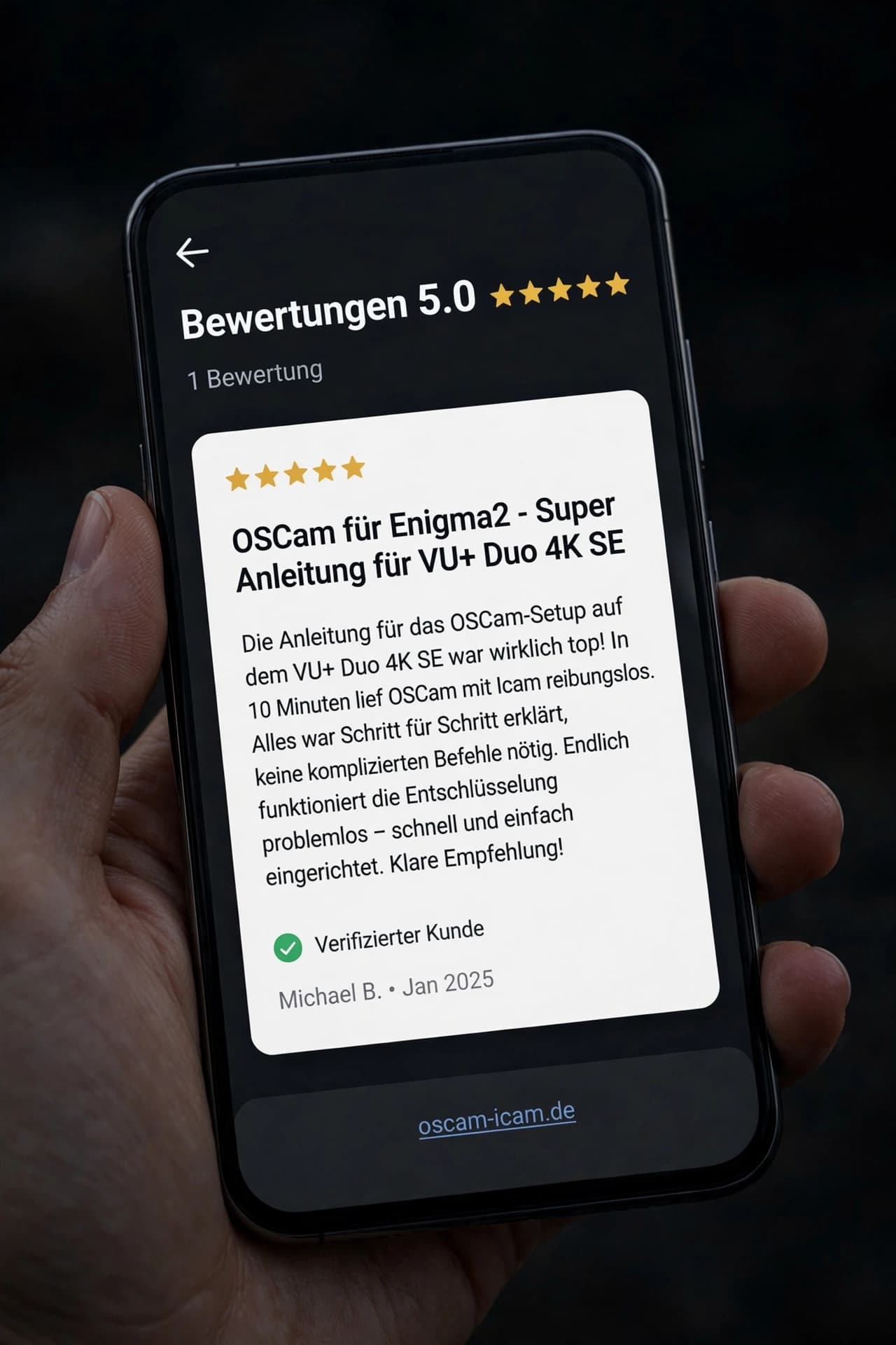 Fünf-Sterne-Kundenbewertung auf einem Smartphone: OSCam-Anleitung für den VU+ Duo 4K SE